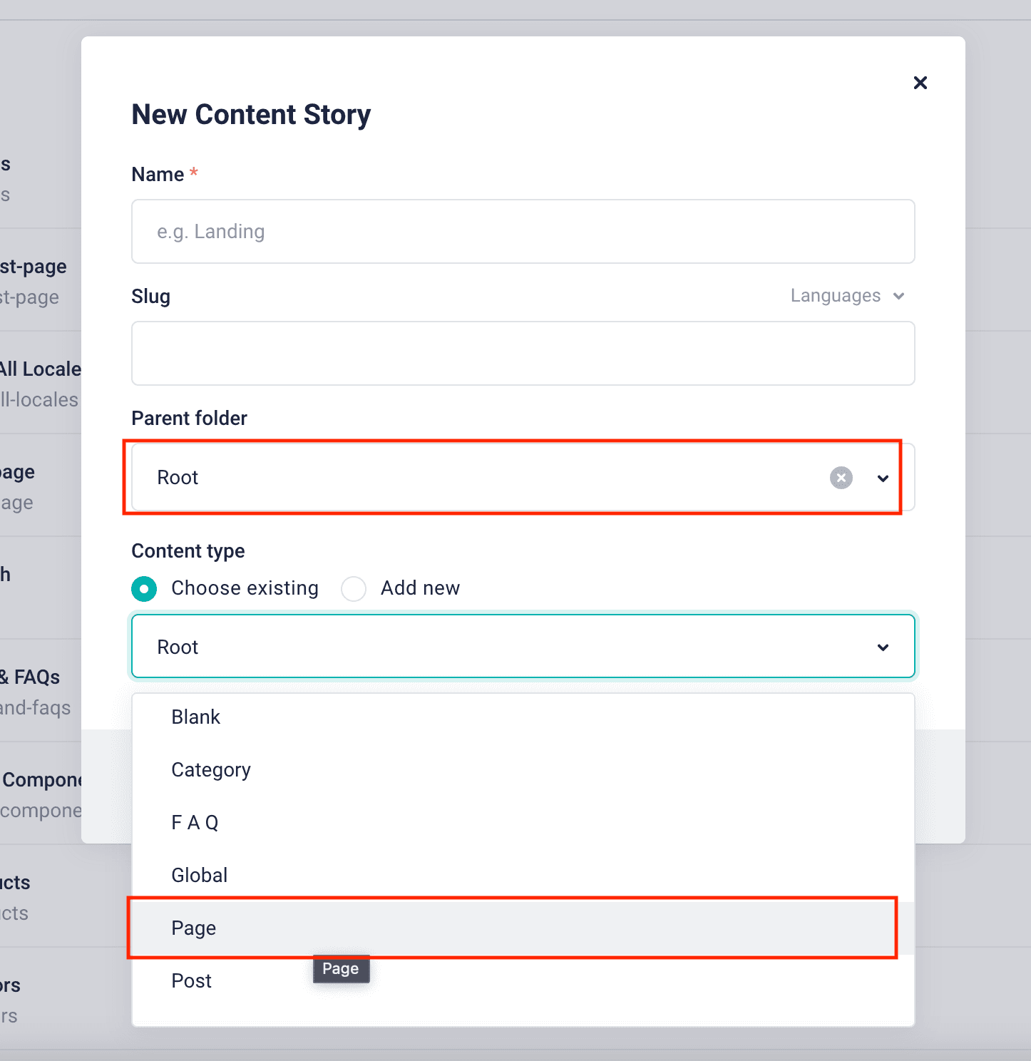 screenshot of creating page 